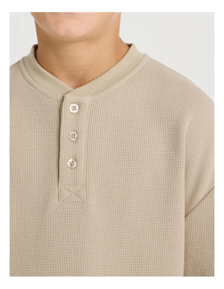 Long Sleeve Waffle Henley Tee in Tan image 4