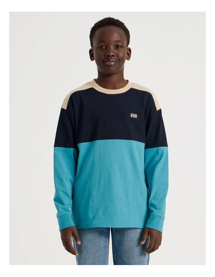 Long Sleeve Splice Tee in Blue image 1