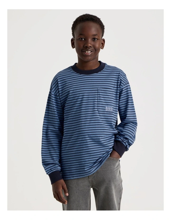 Long Sleeve Stripe Pocket Tee in Blue image 1