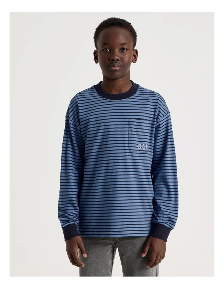 Long Sleeve Stripe Pocket Tee in Blue image 3