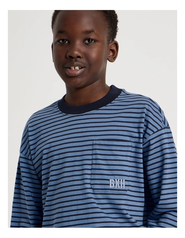 Long Sleeve Stripe Pocket Tee in Blue image 4