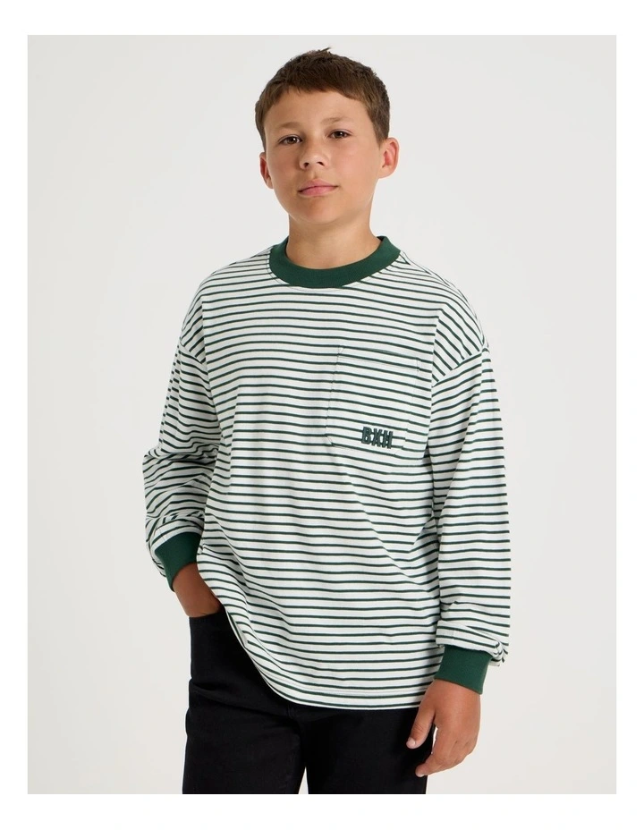 Long Sleeve Stripe Pocket Tee in Green image 2