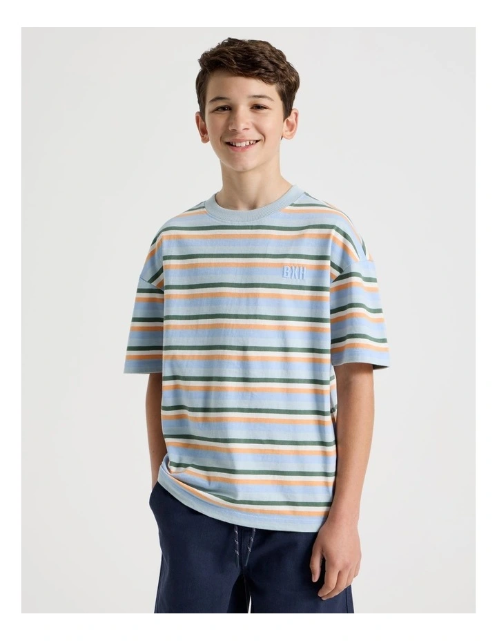 The Edit Short Sleeve Stripe Tee in Blue/Orange/Khaki image 1