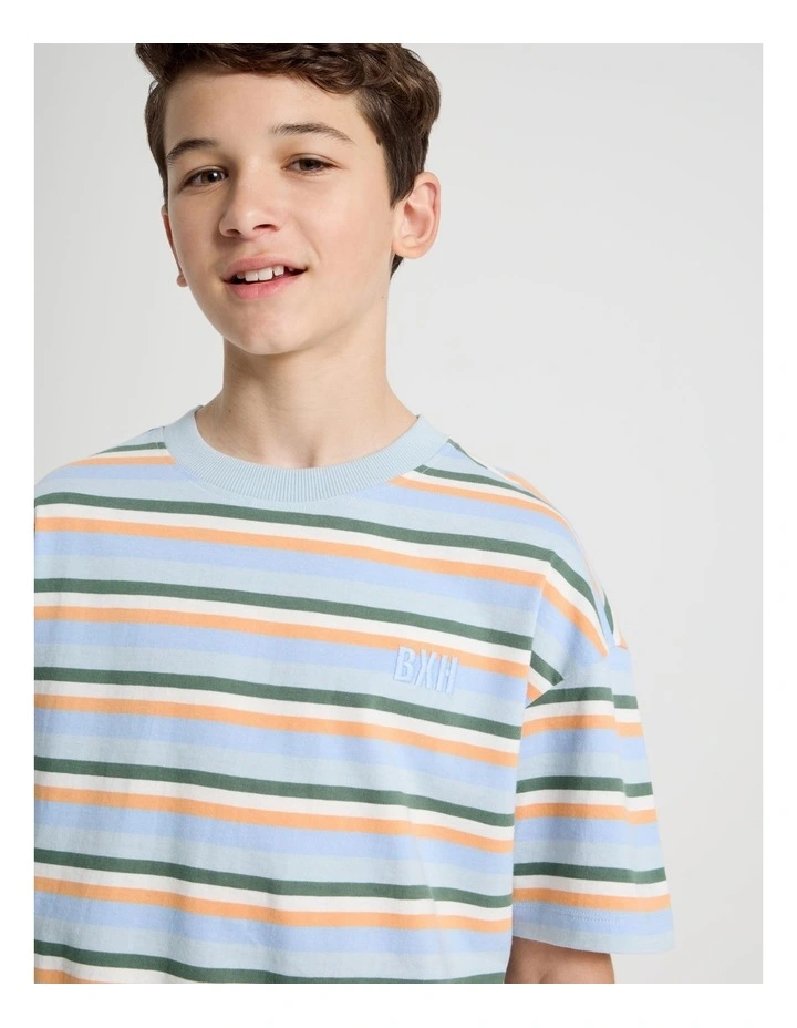The Edit Short Sleeve Stripe Tee in Blue/Orange/Khaki image 2