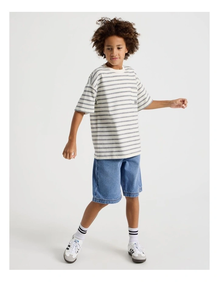 Short Sleeve Oversized Textured Tee With Pocket in Ecru Stripe image 1