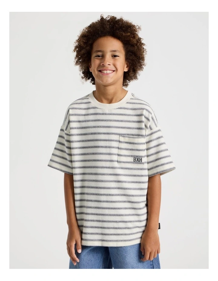 Short Sleeve Oversized Textured Tee With Pocket in Ecru Stripe image 2