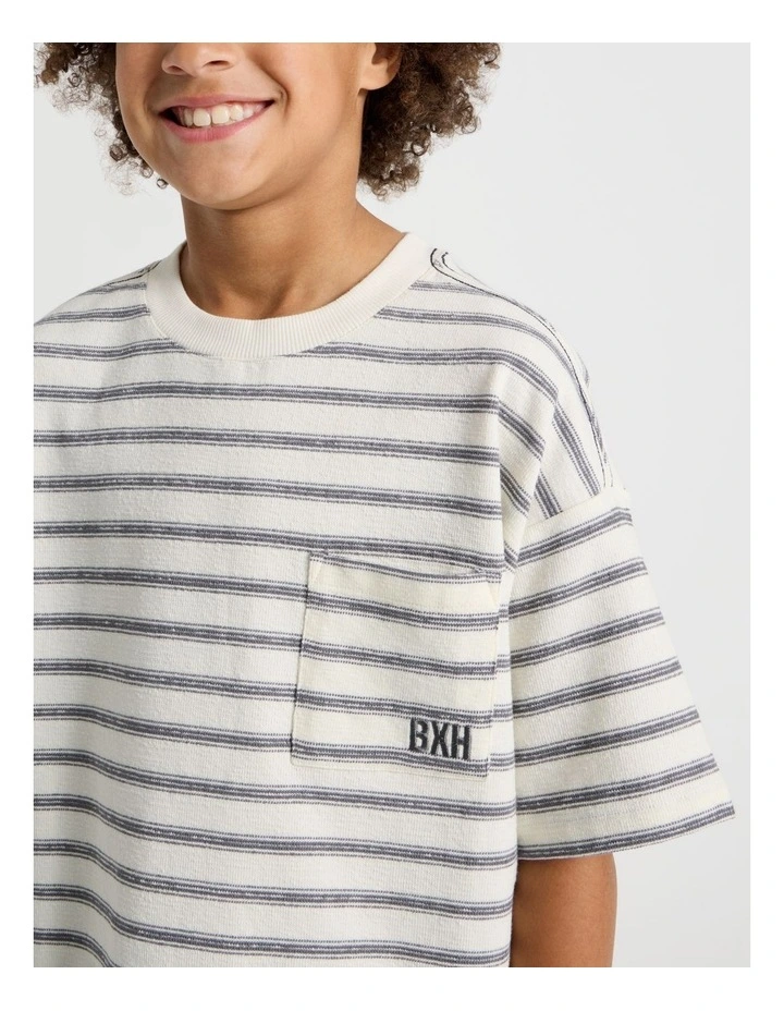 Short Sleeve Oversized Textured Tee With Pocket in Ecru Stripe image 3