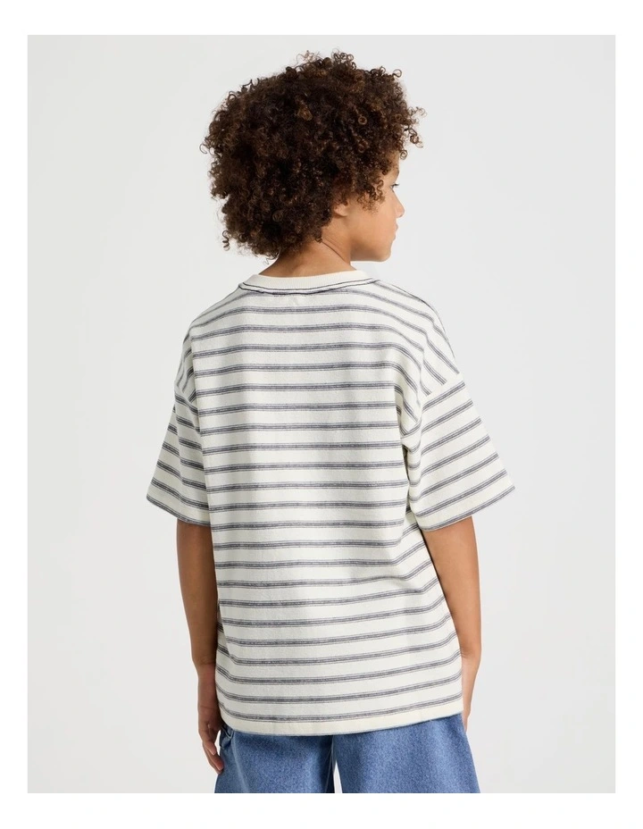 Short Sleeve Oversized Textured Tee With Pocket in Ecru Stripe image 4