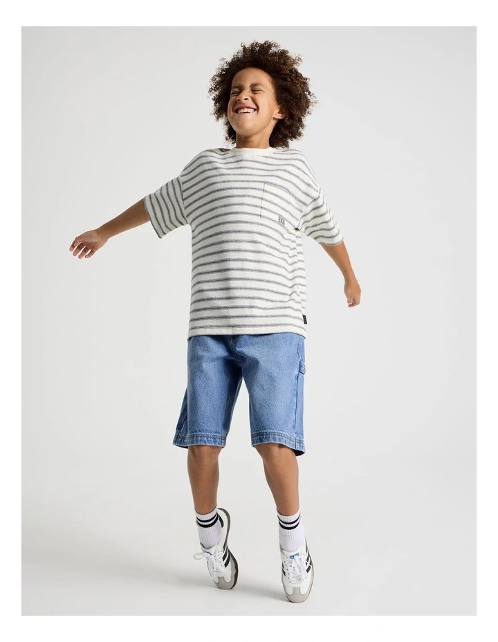 Short Sleeve Oversized Textured Tee With Pocket in Ecru Stripe image 5