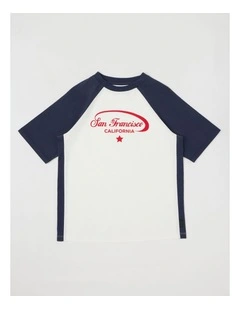 Colourblock Tee with Logo in White/Navy