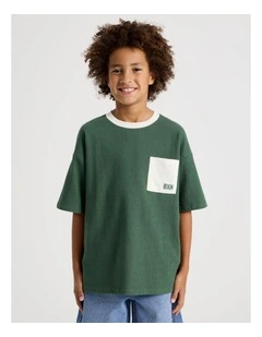 Short Sleeve Oversized Textured Tee with Pocket in Khaki