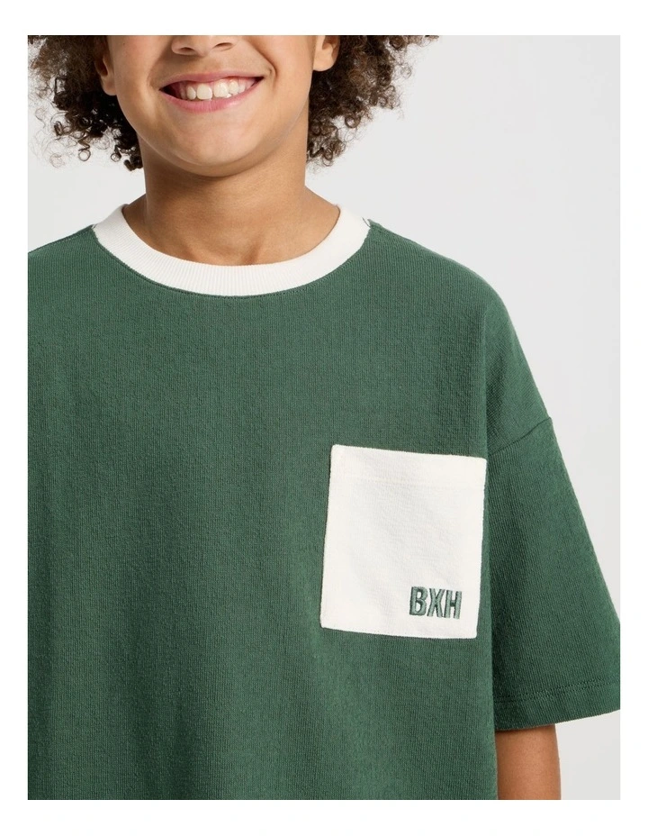 Short Sleeve Oversized Textured Tee with Pocket in Khaki image 3