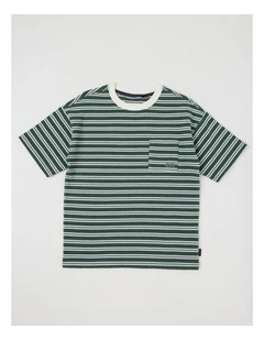 Short Sleeve Oversized Textured Tee With Pocket in Khaki Stripe