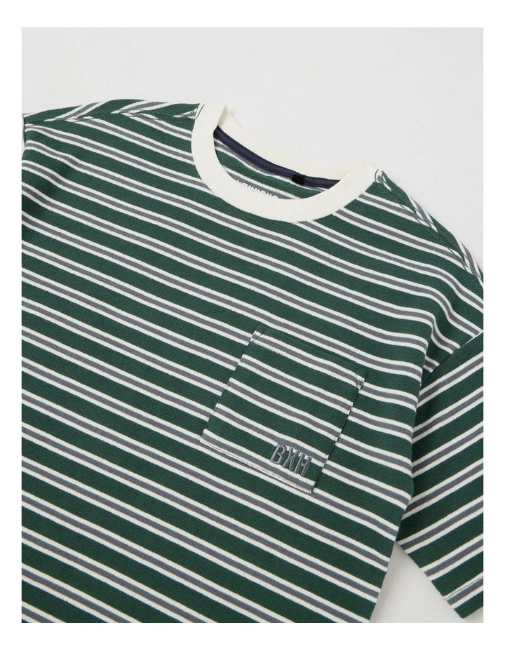 Short Sleeve Oversized Textured Tee With Pocket in Khaki Stripe image 2