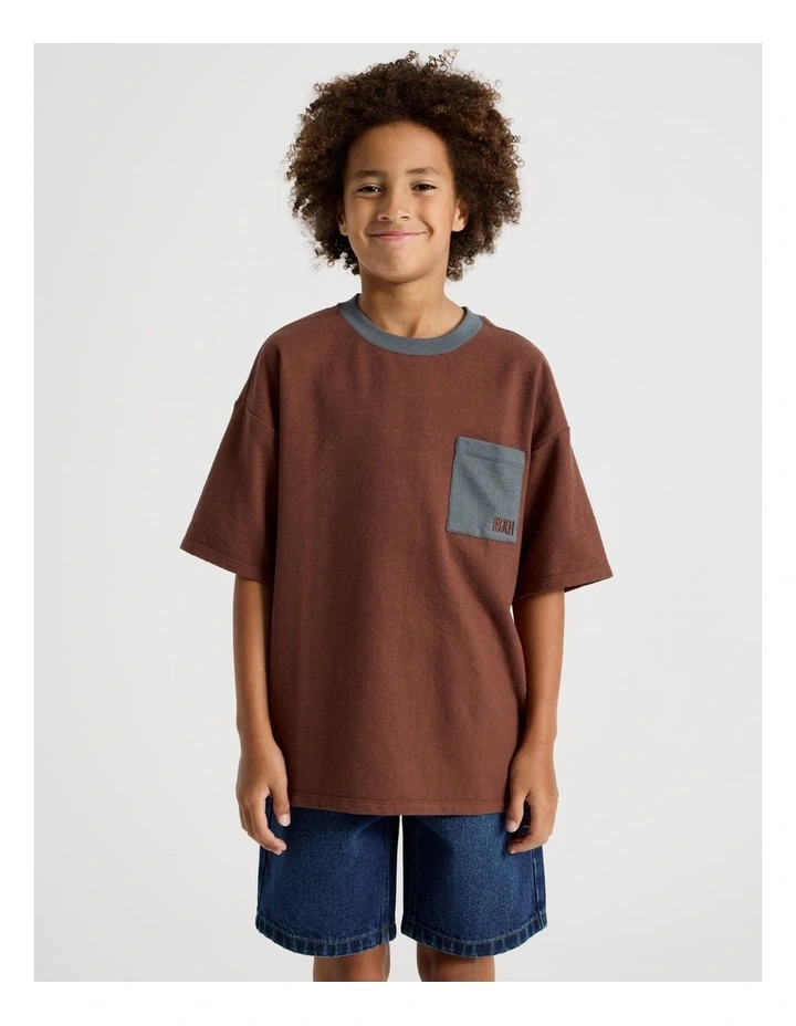 Short Sleeve Oversized Textured Tee With Pocket in Brown image 1