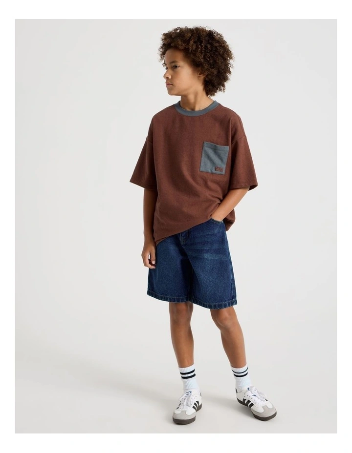 Short Sleeve Oversized Textured Tee With Pocket in Brown image 2