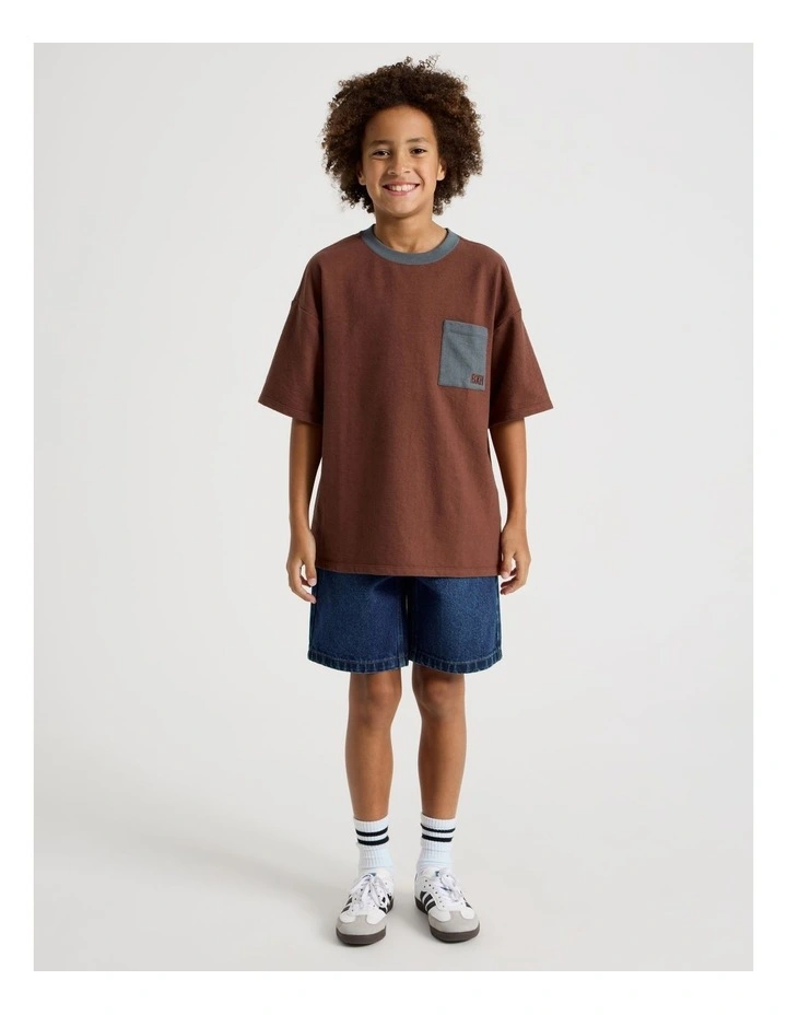 Short Sleeve Oversized Textured Tee With Pocket in Brown image 3