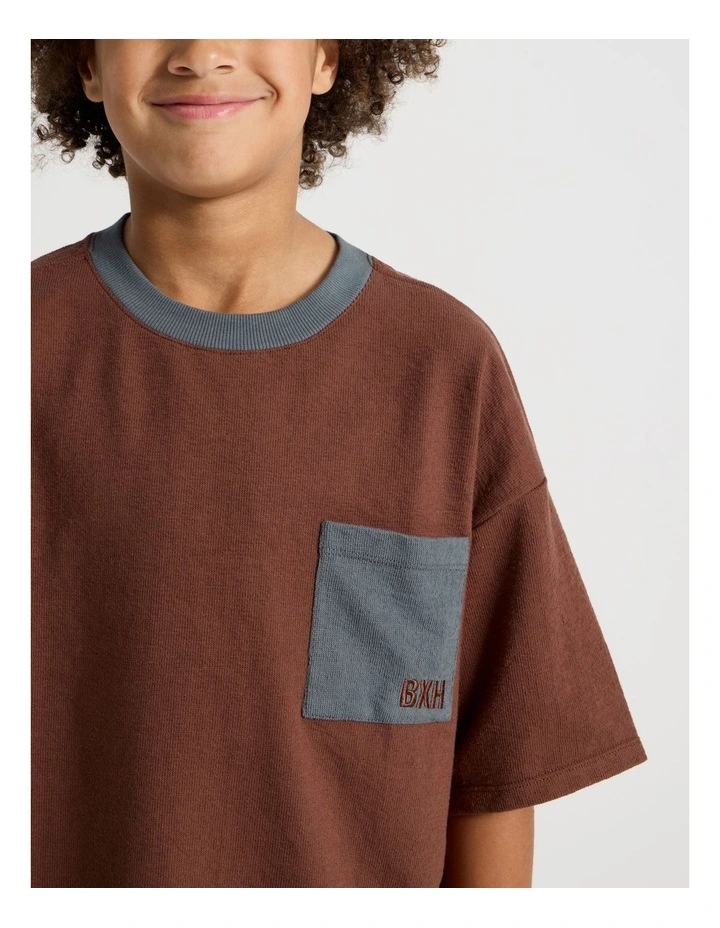 Short Sleeve Oversized Textured Tee With Pocket in Brown image 4