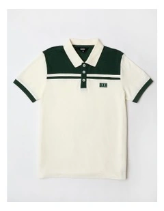 Splice Polo Shirt in Ecru and Green