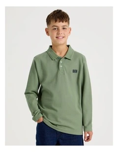 Long Sleeve Pique Polo in Khaki