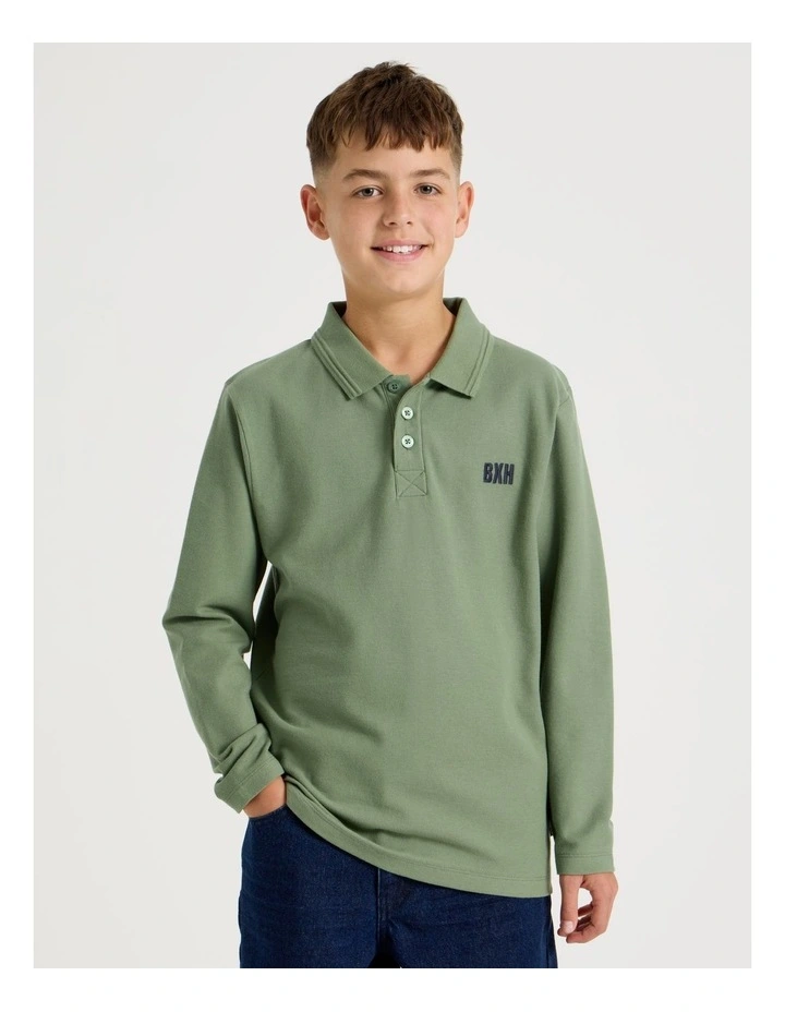 Long Sleeve Pique Polo in Khaki image 1