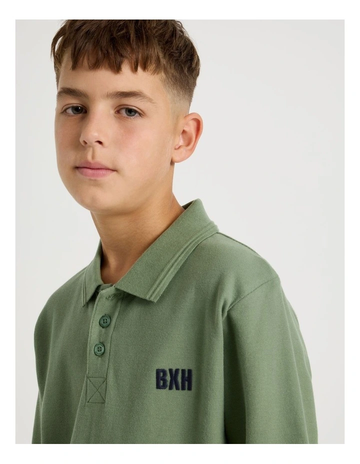 Long Sleeve Pique Polo in Khaki image 2