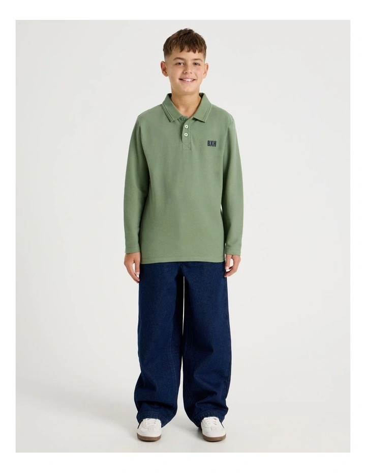 Long Sleeve Pique Polo in Khaki image 3