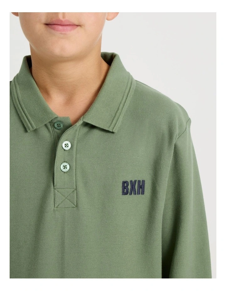 Long Sleeve Pique Polo in Khaki image 4