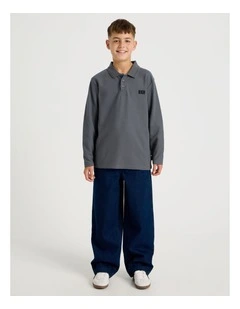 Long Sleeve Pique Polo in Charcoal