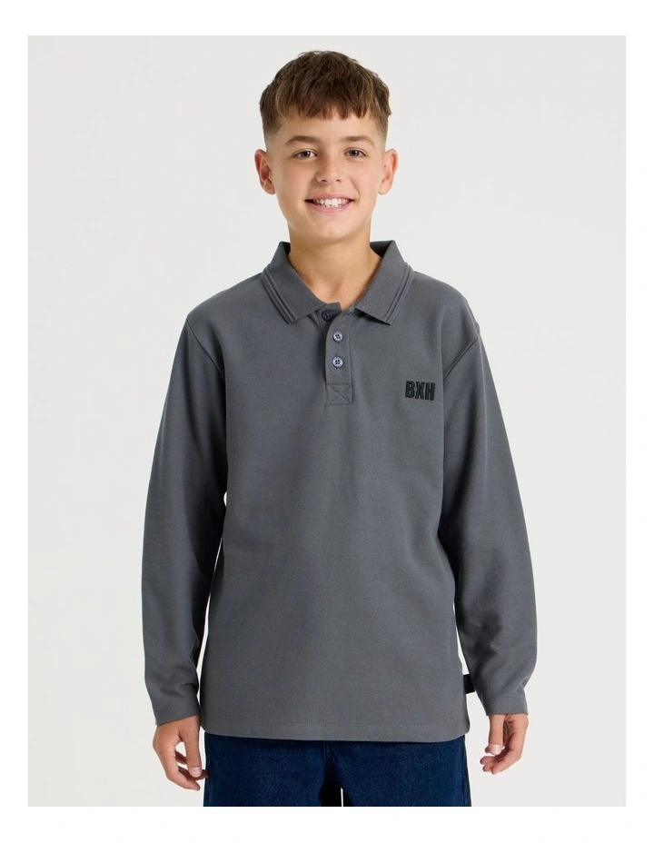 Long Sleeve Pique Polo in Charcoal image 2