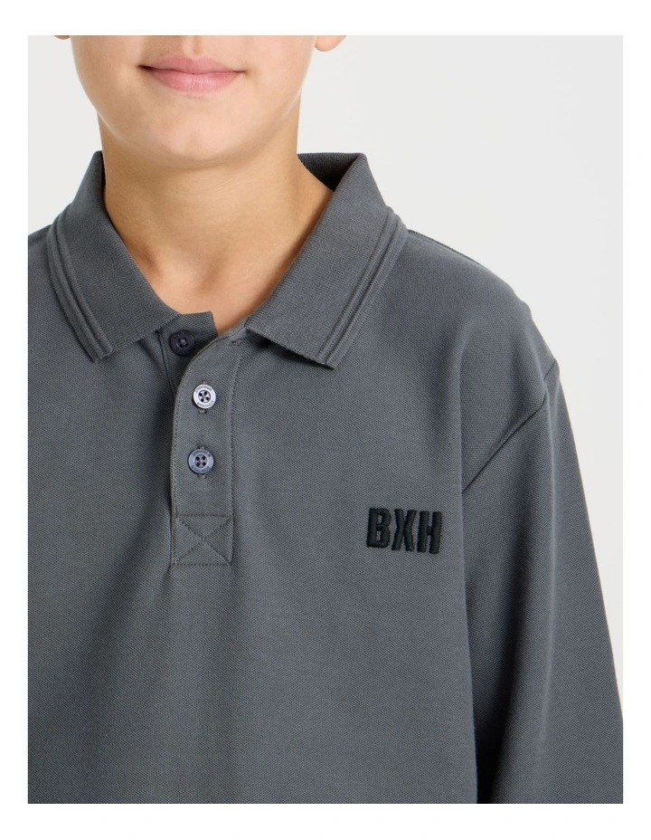 Long Sleeve Pique Polo in Charcoal image 3
