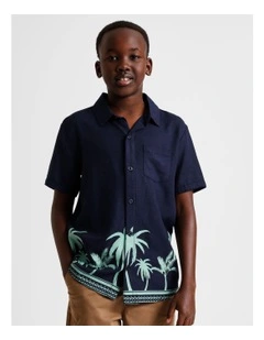 Linen All Over Print Shirt in Navy