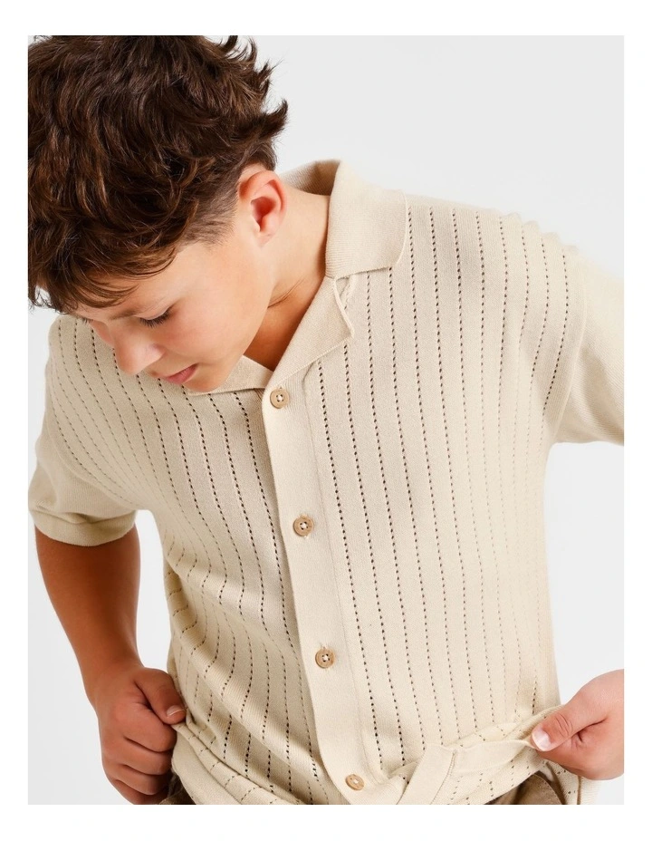 Knit Pointelle Resort Shirt in Beige image 3