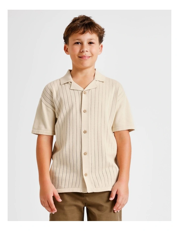 Knit Pointelle Resort Shirt in Beige image 4
