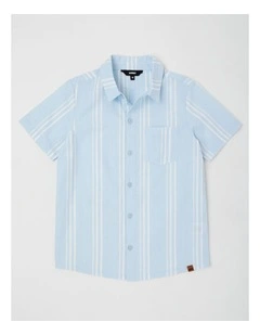 Short Sleeve Linen Shirt in Blue/White