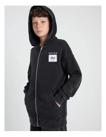 Zip Thru Hooded Sweat Top in Washed Black