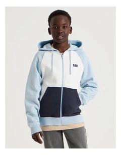 Splice Zip Thru Hooded Sweat Top in Light Blue