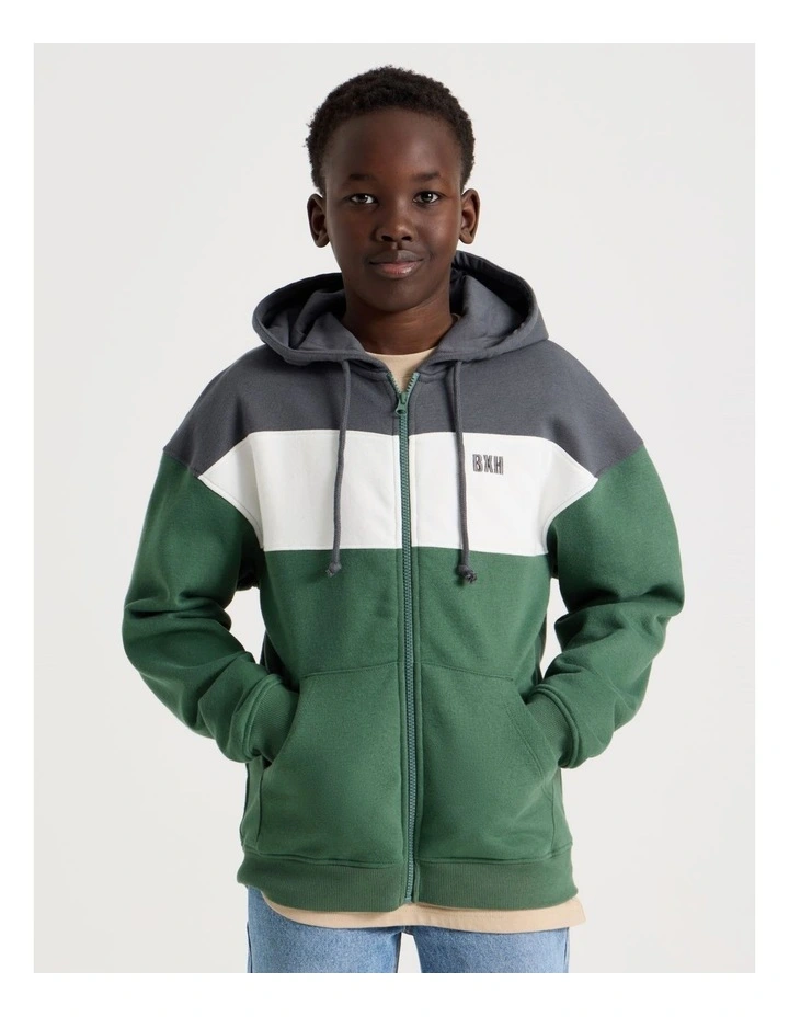 Splice Zip Thru Hooded Sweat Top in Khaki image 3