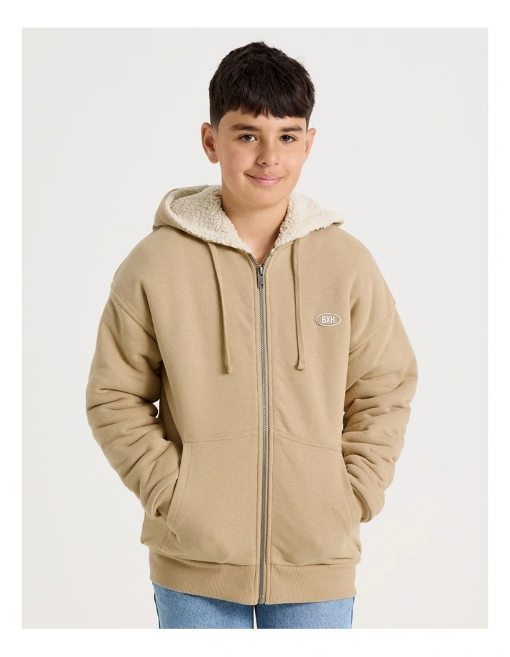 Sherpa Lined Hooded Zip Thru Sweat Top in Tan image 2