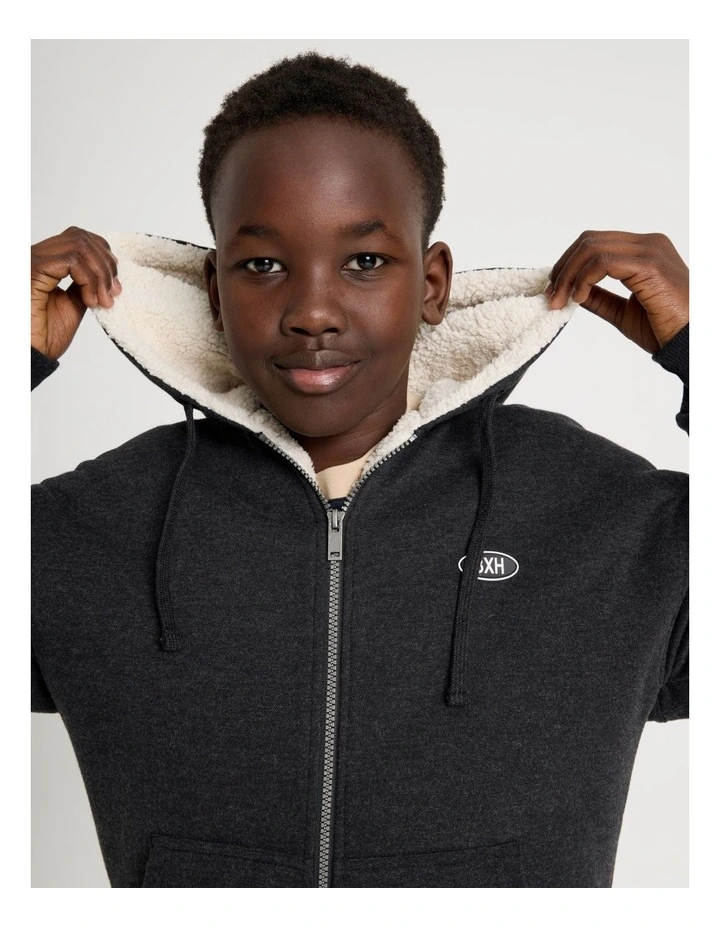 Sherpa Lined Hooded Zip Thru Sweat Top in Black image 1