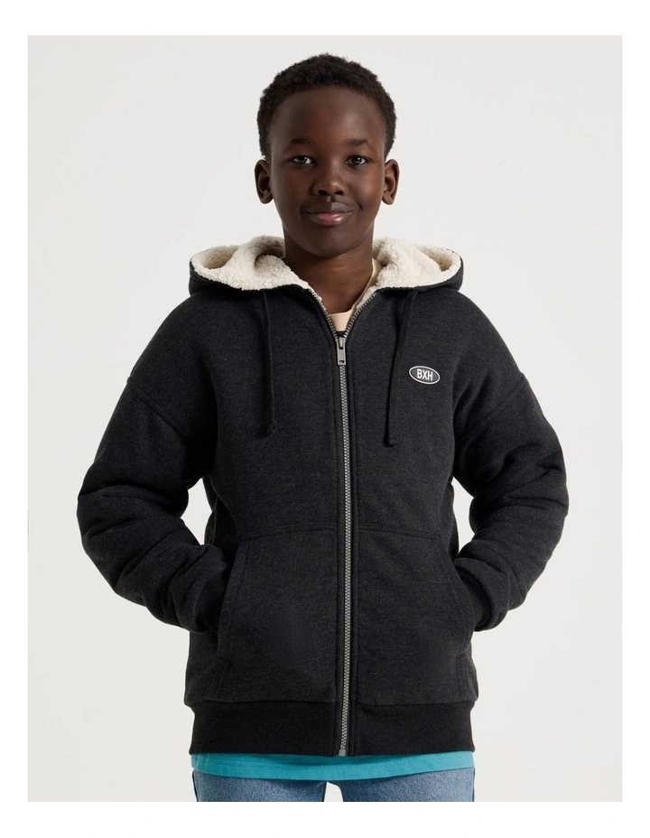 Sherpa Lined Hooded Zip Thru Sweat Top in Black image 2
