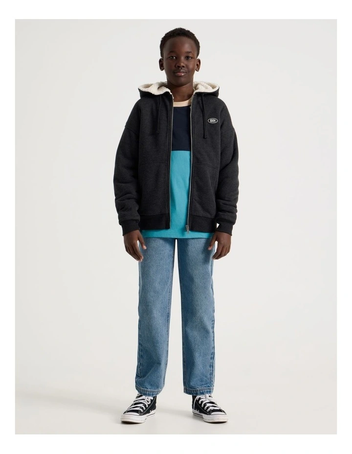 Sherpa Lined Hooded Zip Thru Sweat Top in Black image 3