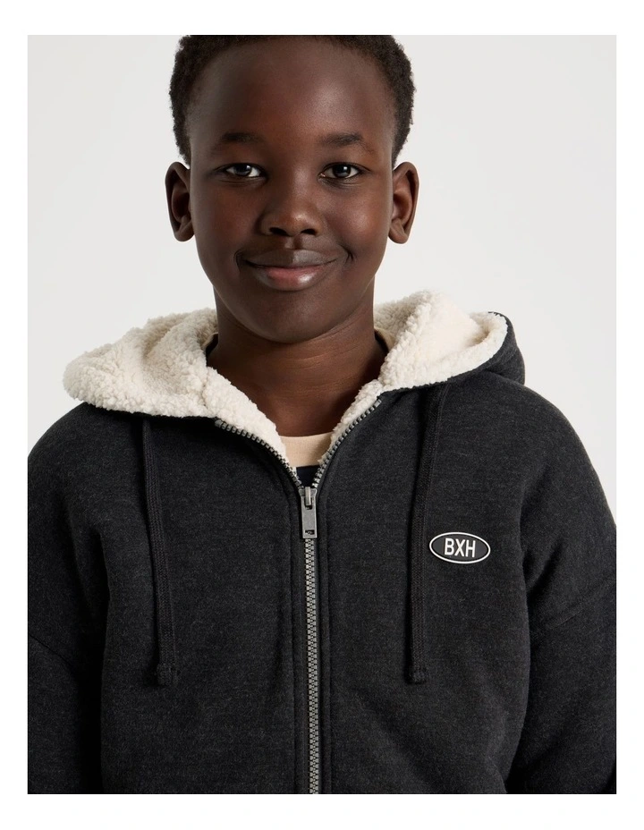 Sherpa Lined Hooded Zip Thru Sweat Top in Black image 5