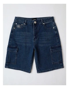 Denim Cargo Short in Mid Denim