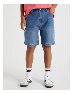 The Edit 5 Pocket Knit Denim Short in Mid Denim