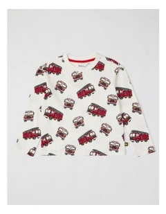Long Sleeve All Over Print Firetrucks in Ecru