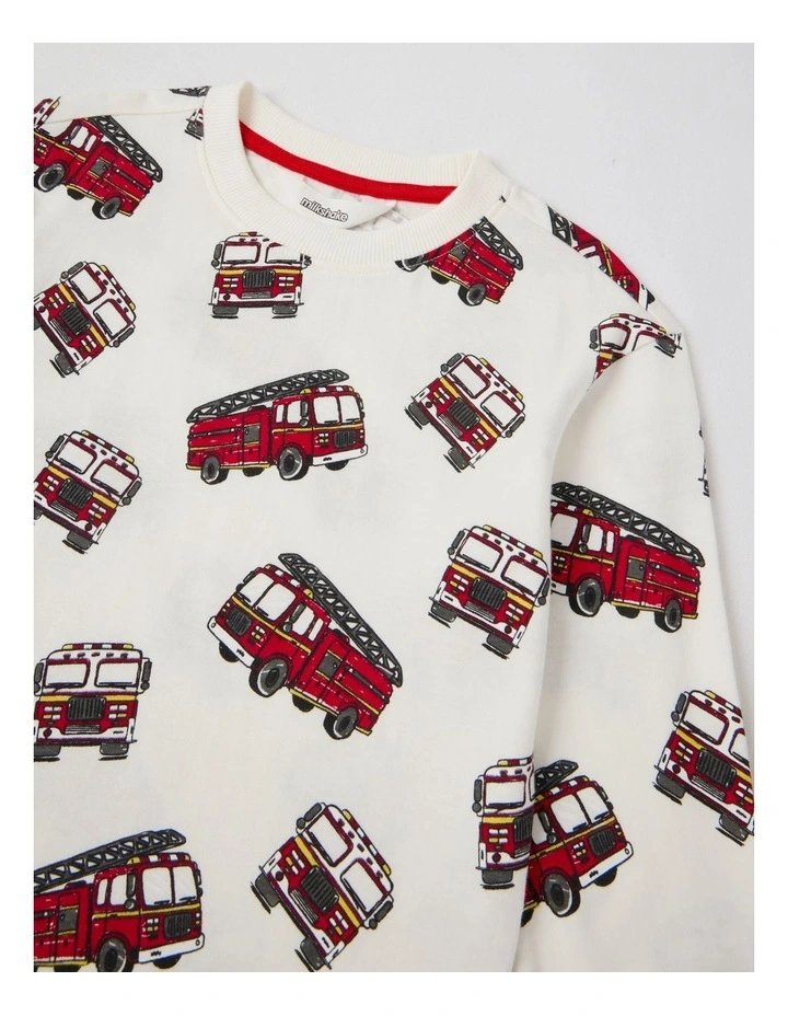 Long Sleeve All Over Print Firetrucks in Ecru image 2