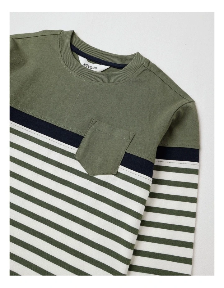 Long Sleeve Splice Tee in Khaki Stripe image 2