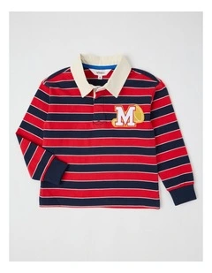 Long Sleeve Rugby Polo Top in Navy and Red Stripe