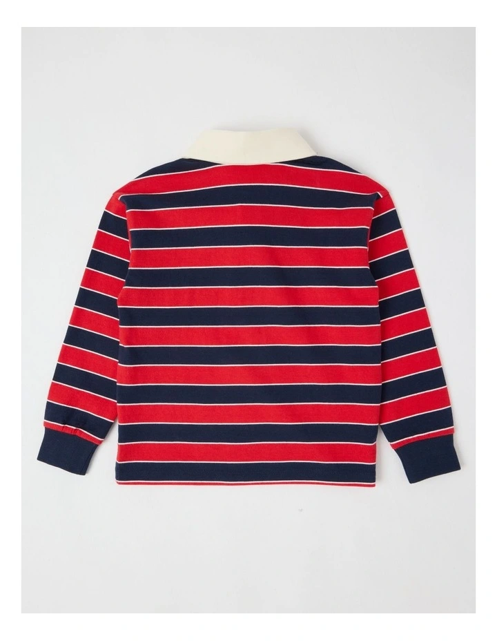 Long Sleeve Rugby Polo Top in Navy and Red Stripe image 3